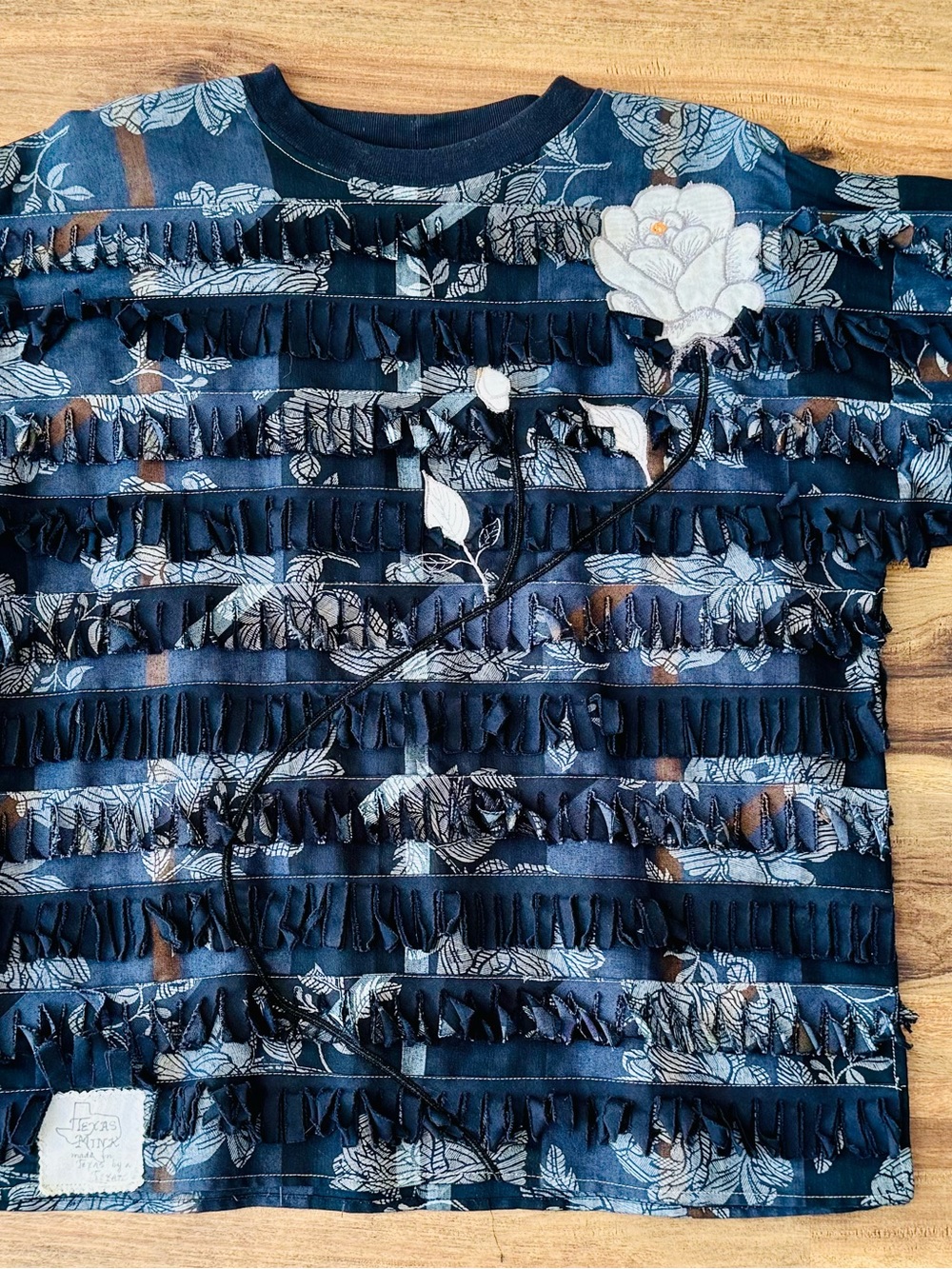 Unique Navy Floral Fringe Long Sleeve Blouse with White Appliqué Size Medium